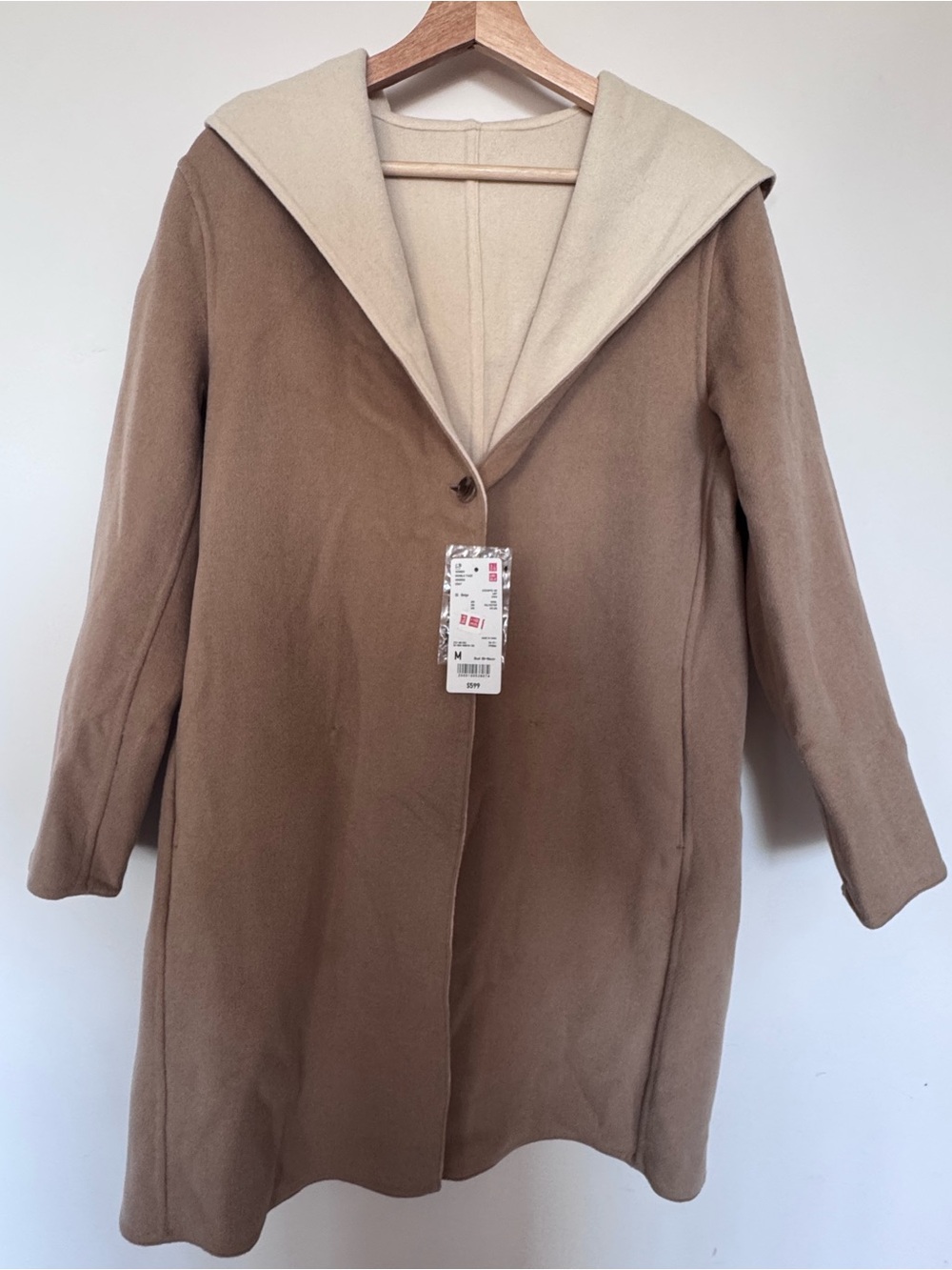 Women’s Uniqlo Reversible Hooded Coat in Camel and Cream Wool Blend